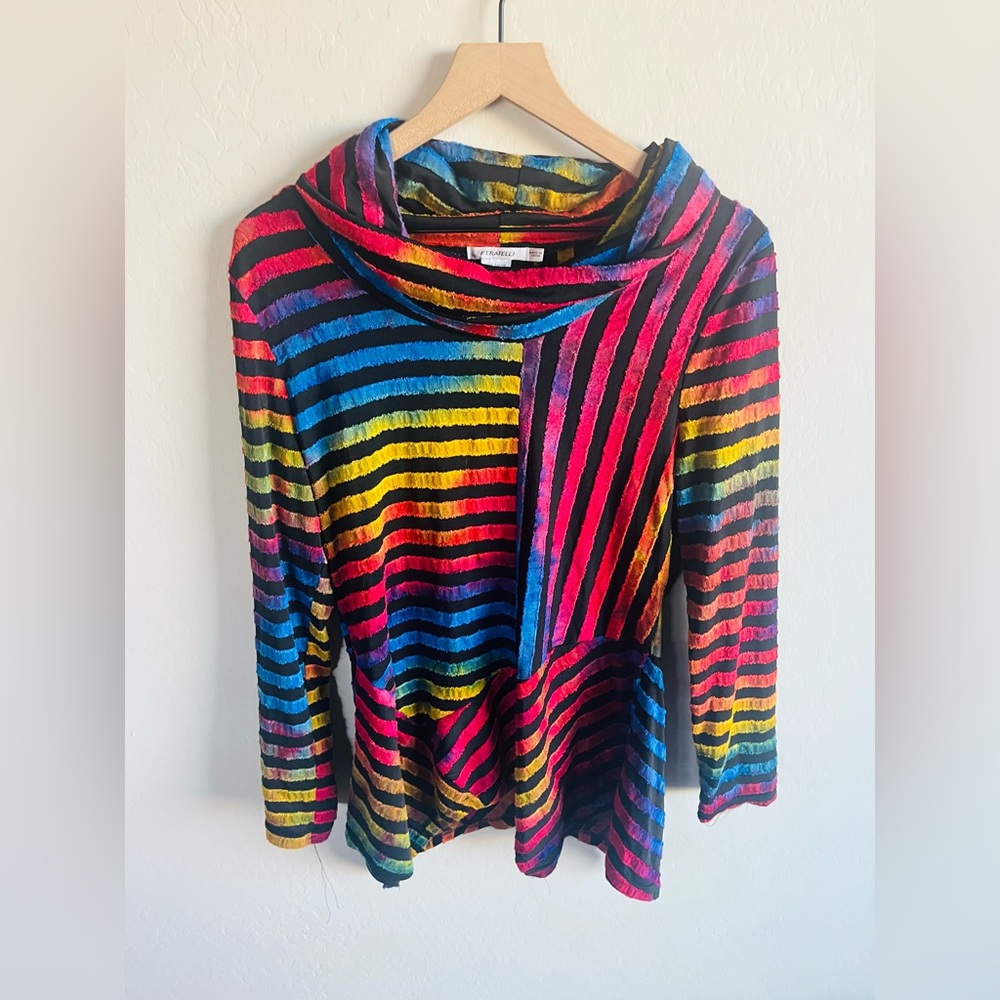 Feratelli Women’s M Cowl Neck Art Wear Artsy Boho Langenlook Tunic Colorful Y2K